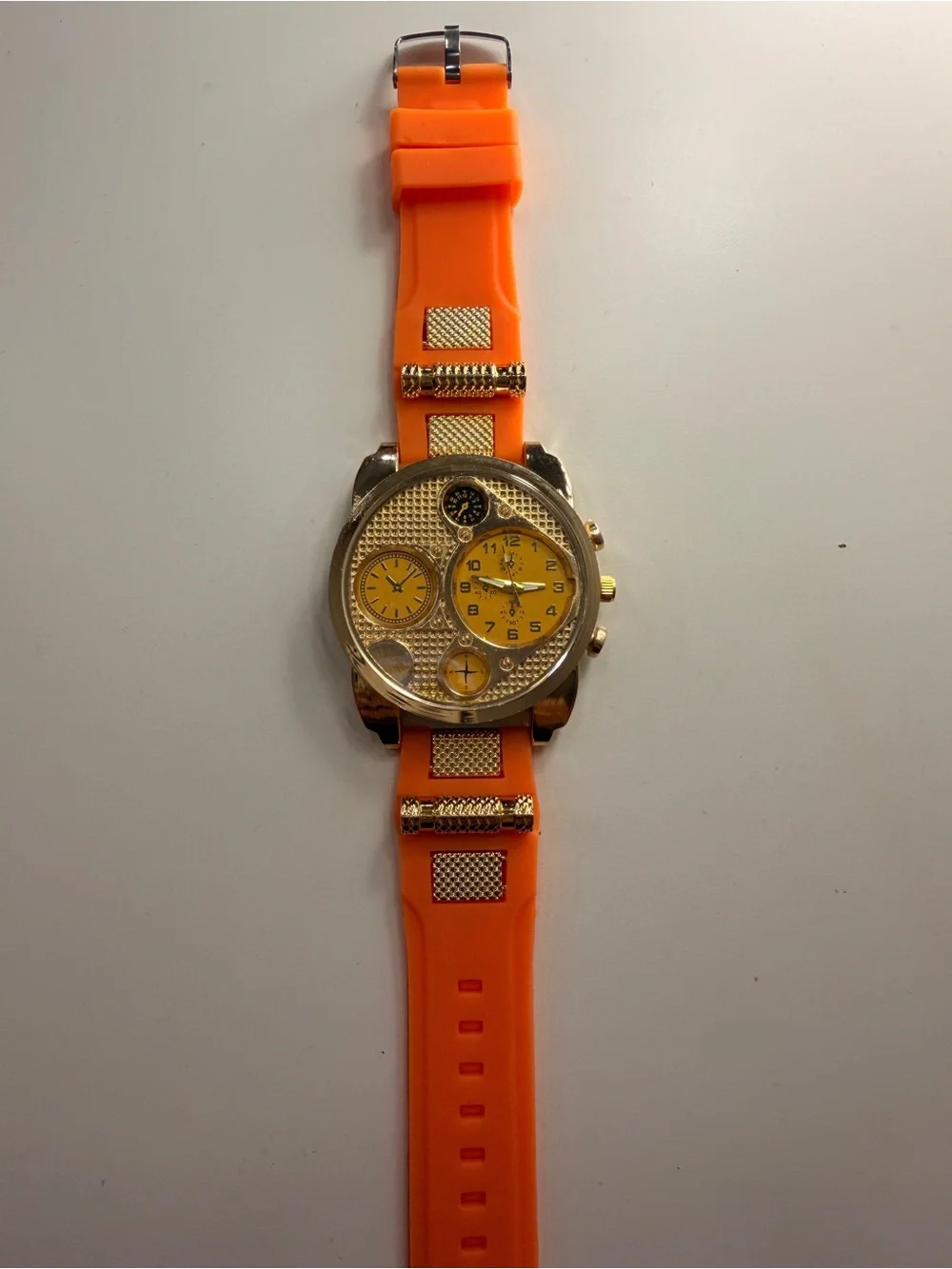 Gold Tone Quartz Analog Chronograph Multi-Dial Watch Orange Silicone Strap